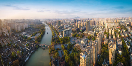 Aerial photography of Gongchen Bridge, a historical site in Hangzhouの写真素材