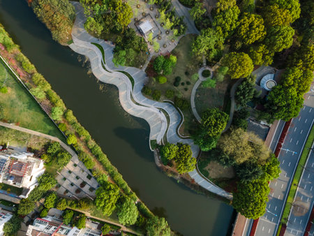 Aerial photography outdoor urban garden residential building landscapeの写真素材