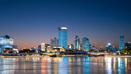 Night view of office building in Ningbo Financial Centerの写真素材