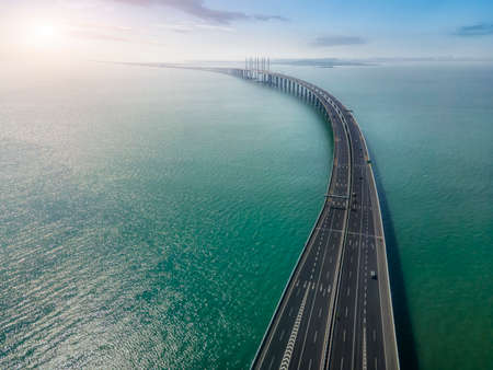 Aerial photography of Qingdao Jiaozhou Bay Cross-sea Bridge Expresswayの写真素材