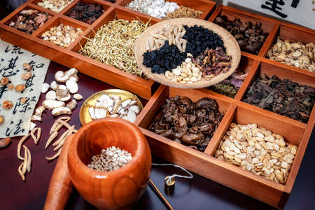 Close-up of Chinese herbal medicines in Chinese pharmacyの写真素材