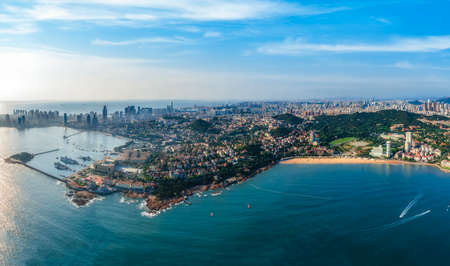Aerial photography of Qingdao city coastline architectural landscapeの写真素材