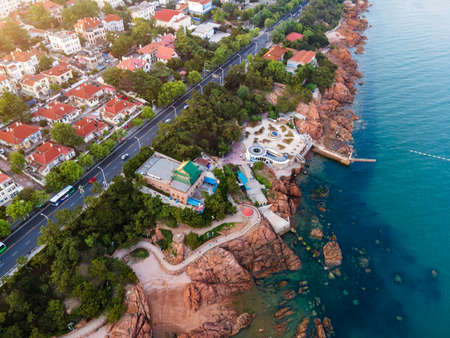 Aerial photography of the old city scenery of Qingdao Bay Areaの写真素材