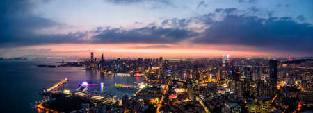 Aerial photography of Qingdao city building landscape night viewの写真素材