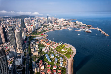 Aerial photography of Qingdao city coastline architectural landscapeの写真素材