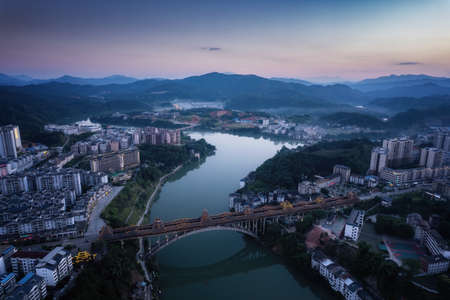 Aerial photography night scene of the Dong Nationality's Wind and Rain Covered Bridge in Sanjiangの写真素材