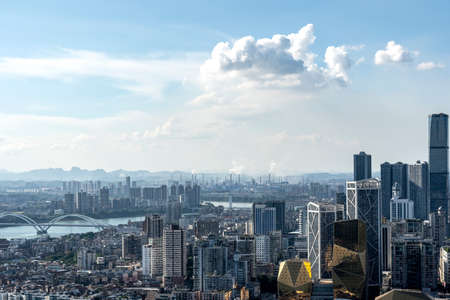Aerial photography of modern buildings on the banks of Liujiang River in Liuzhouの写真素材