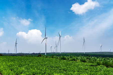 Aerial photography of wind turbines on farmland in Chinaの写真素材