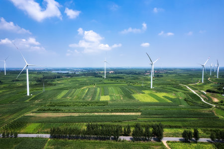 Aerial photography of wind turbines on farmland in Chinaの写真素材