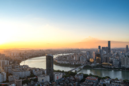 Aerial photography of the skyline of buildings along the Liujiang River in Liuzhouのeditorial素材