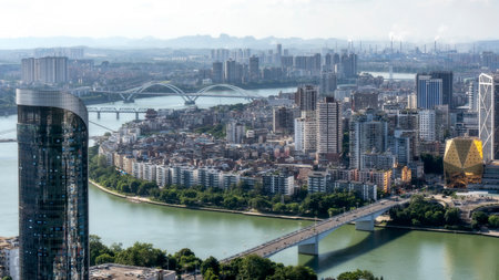 Aerial photography of the architectural landscape on both sides of the Liujiang River in Liuzhouのeditorial素材