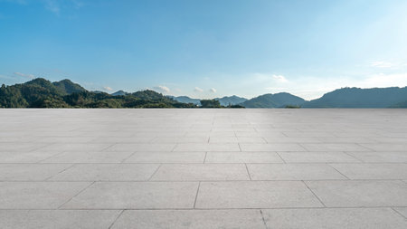 Floor tile viewing platform and natural environment of green hillsの写真素材