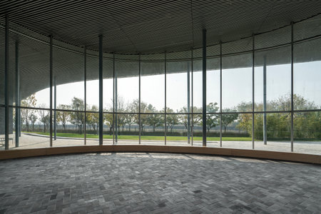 Indoor large floor-to-ceiling viewing glass windowsの写真素材