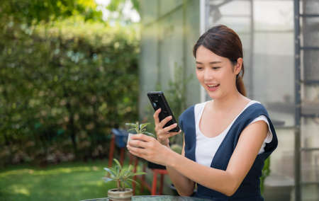 Happy Asian woman sitting in garden and using smartphone taking photo bonsai for online sale. Young female owner small business sustainable about small tree and cactus checking growth of seedling.の写真素材