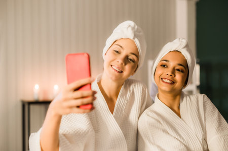 Two happy international friend woman in white dress making selfie and sit on bed in spa salon. Portrait of multiracial female smile and use technology camera of smartphone taking selfie at spa resort.の写真素材
