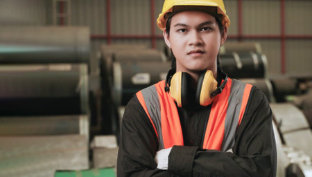 Portrait of professional Asian man worker standing smiling arms crossed and looking on camera in the factory warehouse. Happy young male industry engineer wearing a yellow safety helmet in warehouse.の写真素材