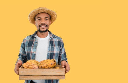 Portrait of happy African farmer man standing holding a crate of fresh cacao fruit with isolated on yellow background. American black male smile and lift a basket of cocoa pods and looking at camera.の写真素材