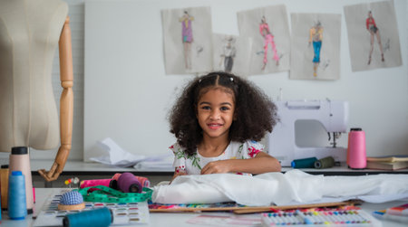 Portrait of a happy cute African little girl dressmaker with an afro hairstyle sitting sewing by...