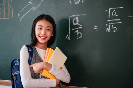 Portrait of happy cute Asian child girl student in school uniform with a backpack standing smiling...