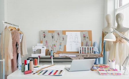 Workplace of designer dressmaker with dummy mannequin, sewing machine, laptop, thread, sketches, and equipment other in the fashion design studio office. Small business freelance startup concept.の写真素材