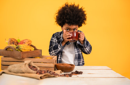 Portrait of happy African child boy farmer with afro hairstyle sitting and drinking delicious healthy hot chocolate cocoa with fresh cacao fruit pods in basket on table isolated on yellow background.の写真素材