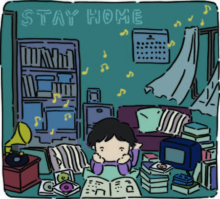 Stay home vector, enjoy reading books and listening music, relax at homeのイラスト素材