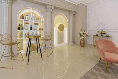 chic luxury interior in an old antique style open-plan apartment decorated with columns and stucco on the wall in pastel colors. tiles on the floor. beige wallsの写真素材