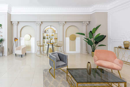 chic luxury interior in an old antique style open-plan apartment decorated with columns and stucco on the wall in pastel colors. tiles on the floor. beige wallsの写真素材