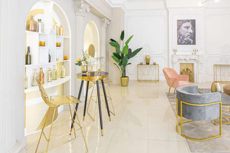 chic luxury interior in an old antique style open-plan apartment decorated with columns and stucco on the wall in pastel colors. tiles on the floor. beige wallsの写真素材