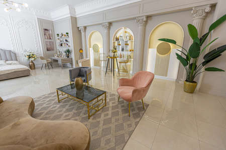 chic luxury interior in an old antique style open-plan apartment decorated with columns and stucco on the wall in pastel colors. tiles on the floor. beige wallsの写真素材
