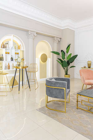 chic luxury interior in an old antique style open-plan apartment decorated with columns and stucco on the wall in pastel colors. tiles on the floor. beige wallsの写真素材