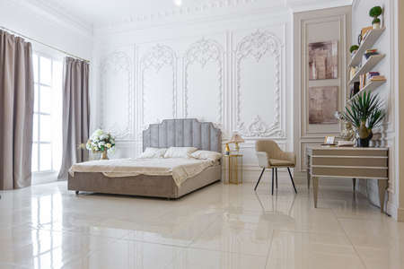 chic luxury interior in an old antique style open-plan apartment decorated with columns and stucco on the wall in pastel colors. tiles on the floor. beige wallsの写真素材