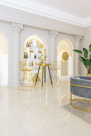 chic luxury interior in an old antique style open-plan apartment decorated with columns and stucco on the wall in pastel colors. tiles on the floor. beige wallsの写真素材