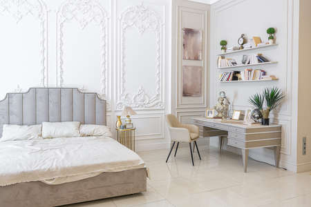 chic luxury interior in an old antique style open-plan apartment decorated with columns and stucco on the wall in pastel colors. tiles on the floor. beige wallsの写真素材