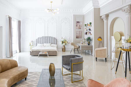 chic luxury interior in an old antique style open-plan apartment decorated with columns and stucco on the wall in pastel colors. tiles on the floor. beige wallsの写真素材