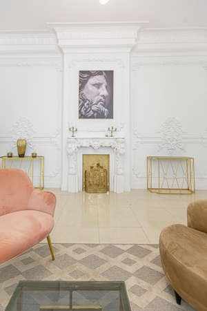chic luxury interior in an old antique style open-plan apartment decorated with columns and stucco on the wall in pastel colors. tiles on the floor. beige wallsの写真素材