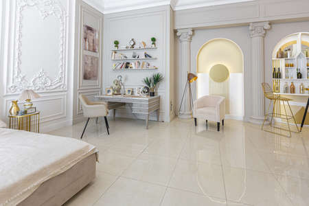 chic luxury interior in an old antique style open-plan apartment decorated with columns and stucco on the wall in pastel colors. tiles on the floor. beige wallsの写真素材