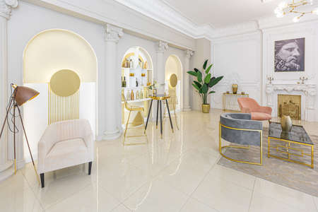 chic luxury interior in an old antique style open-plan apartment decorated with columns and stucco on the wall in pastel colors. tiles on the floor. beige wallsの写真素材