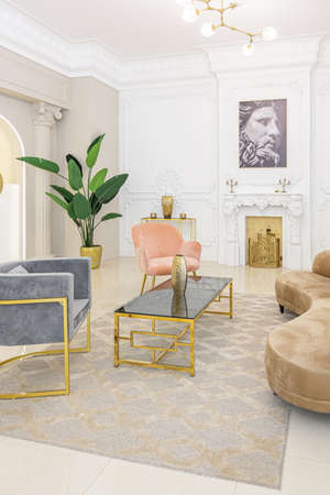 chic luxury interior in an old antique style open-plan apartment decorated with columns and stucco on the wall in pastel colors. tiles on the floor. beige wallsの写真素材