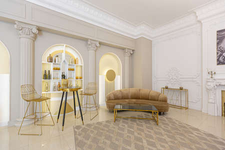chic luxury interior in an old antique style open-plan apartment decorated with columns and stucco on the wall in pastel colors. tiles on the floor. beige wallsの写真素材