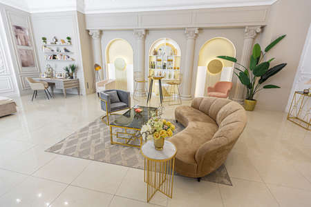 chic luxury interior in an old antique style open-plan apartment decorated with columns and stucco on the wall in pastel colors. tiles on the floor. beige wallsの写真素材