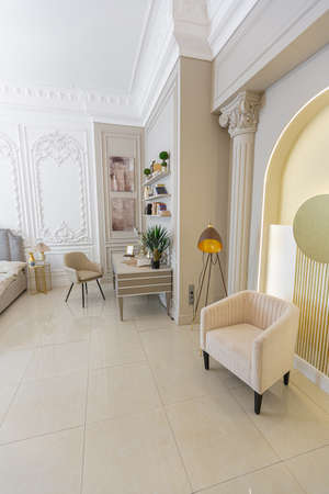 chic luxury interior in an old antique style open-plan apartment decorated with columns and stucco on the wall in pastel colors. tiles on the floor. beige wallsの写真素材