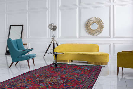 modern fashionable futuristic interior design of a spacious white hall with black and yellow...