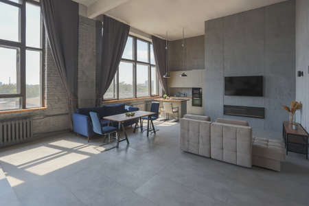 Modern minimalistic dark gray loft style studio apartment interior design. kitchen, sitting area, workplace, shower and bath. bright sun rays inside.の写真素材
