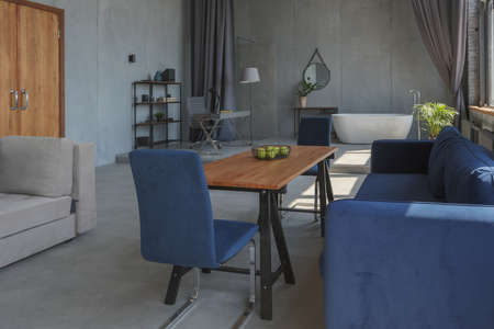 Modern minimalistic dark gray loft style studio apartment interior design. kitchen, sitting area, workplace, shower and bath. bright sun rays inside.の写真素材