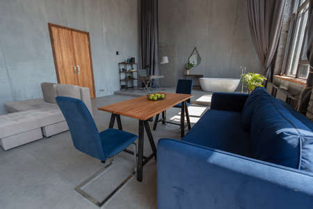 Modern minimalistic dark gray loft style studio apartment interior design. kitchen, sitting area, workplace, shower and bath. bright sun rays inside.の写真素材