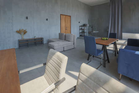 Modern minimalistic dark gray loft style studio apartment interior design. kitchen, sitting area, workplace, shower and bath. bright sun rays inside.の写真素材