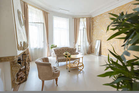 luxurious expensive interior of a large baroque royal living room. antique furniture, gold trim,...