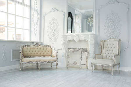 Luxury rich living room interior design with elegant classic furniture and wall decorations. Large...