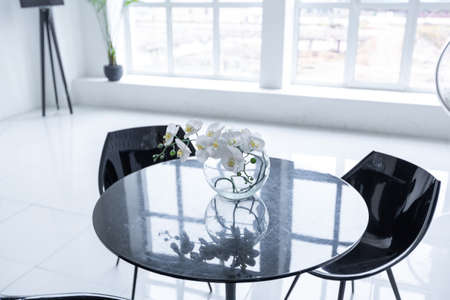 Luxurious futuristic trendy modern interior in contrasting black and white colors with interesting fashionable black furniture and decorated wallの写真素材